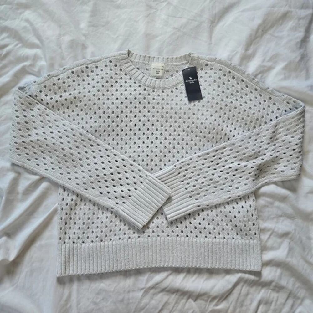 New Abercrombie Kids Silver Grey Eyelet Lace Detail Crewneck Long Sleeve Sweater